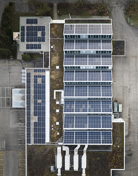 building from above with its solar pannels